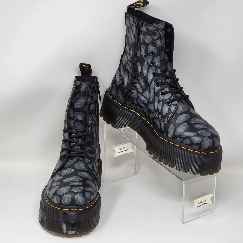 Dr. Martens Jadon boots in a fierce leopard print. The mid-calf